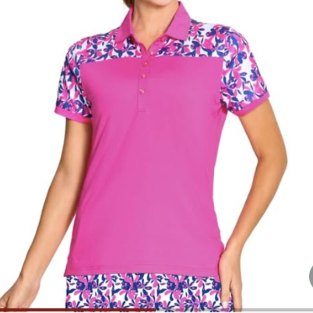 Pink Floral-Trim Polo Top